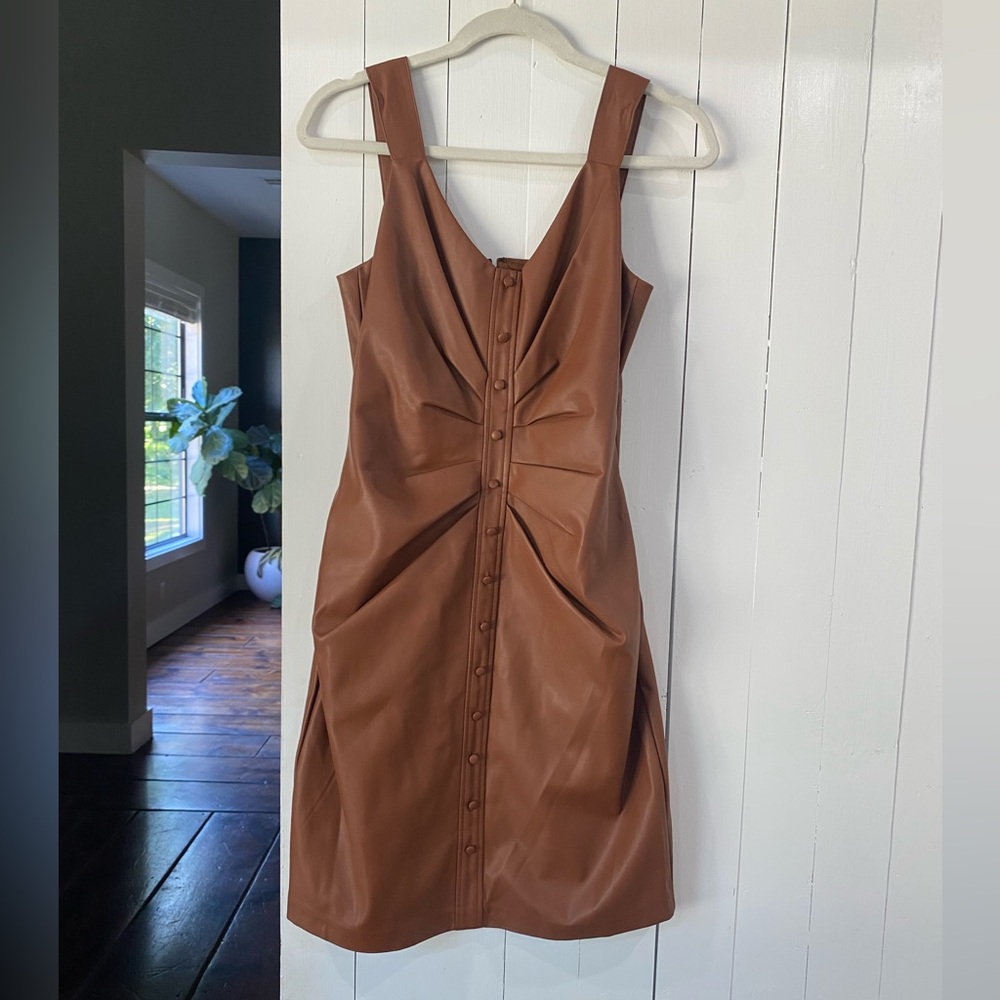 Guess Brown Ruched V-Neck Mini Dress